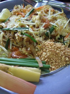 Lunch of 2 just stir fried Pad Thai and a serving of Tod Man Pla for 2 persons near Dusit Thani THB75.